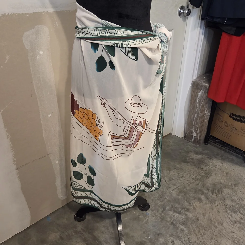 Oceanlass Cover Up Swim Wrap Skirt Green White Geometric Patterned Skirt Floral - Picture 8 of 11